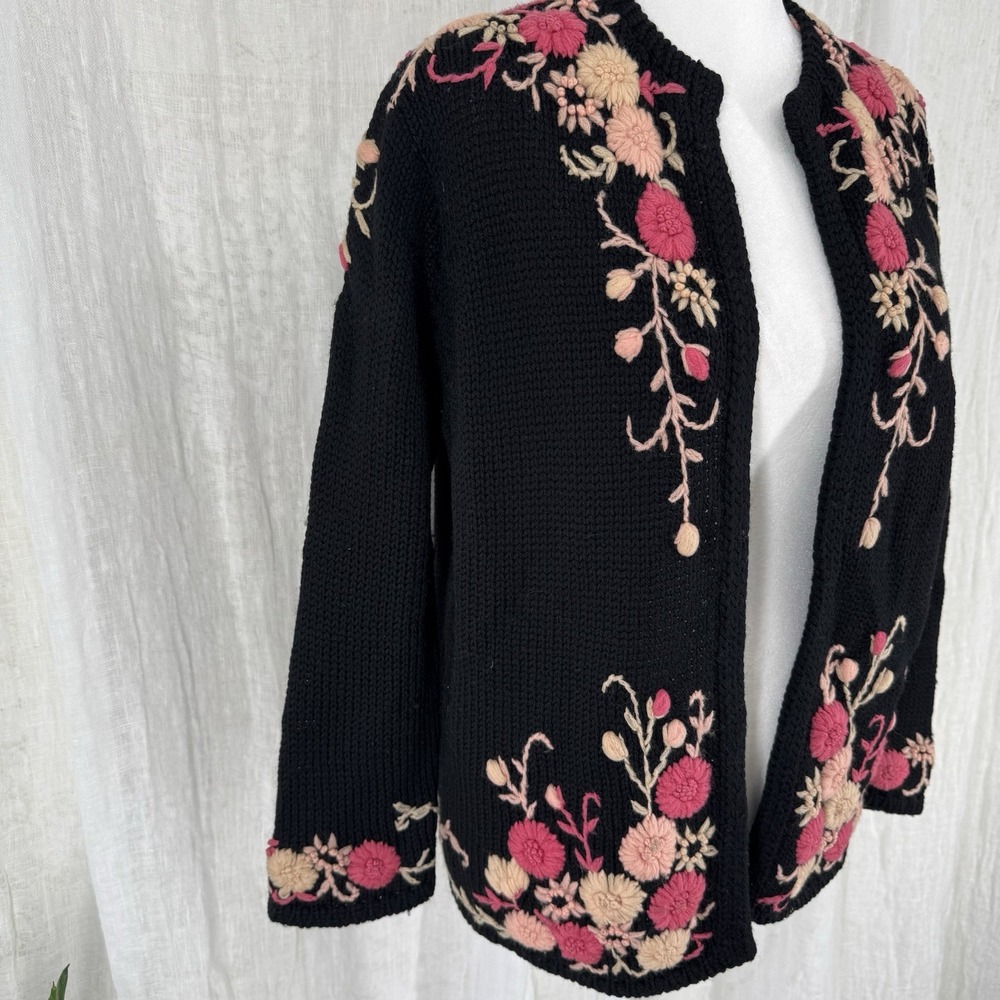 Vtg Elsie Tu Cardigan Sweater L Cottage Whimsigoth Grandma Chunky Hand Embroider - Picture 2 of 6